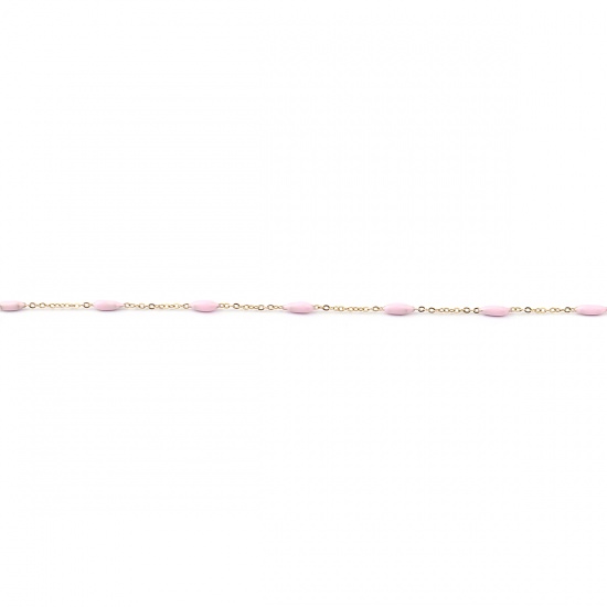 Picture of Stainless Steel Link Cable Chain Marquise Gold Plated Light Pink Enamel 9x2mm, 1 M