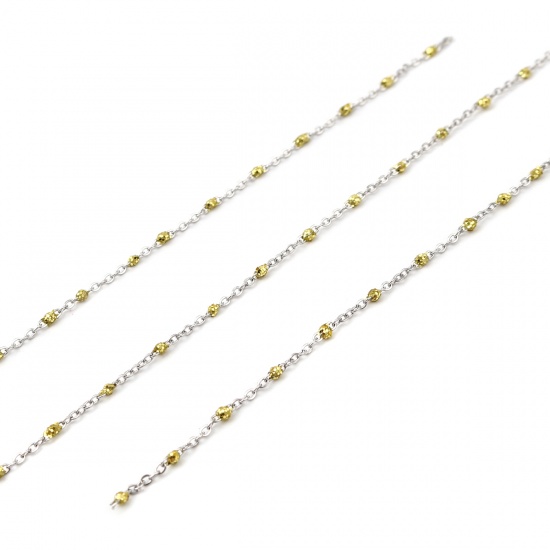 Picture of Stainless Steel Link Cable Chain Silver Tone Yellow Sequins Enamel 5x2mm, 1 M