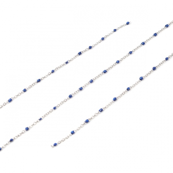 Picture of Stainless Steel Link Cable Chain Silver Tone Royal Blue Sequins Enamel 5x2mm, 1 M