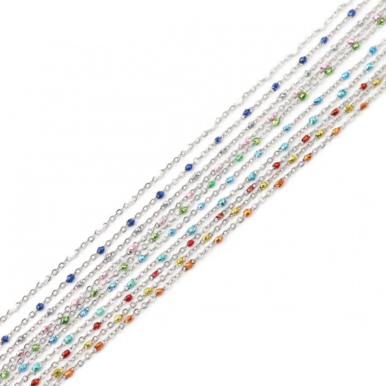 Picture of Stainless Steel Link Cable Chain Silver Tone Blue Sequins Enamel 5x2mm, 1 M