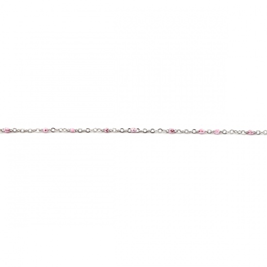 Picture of Stainless Steel Link Cable Chain Silver Tone Pink Sequins Enamel 5x2mm, 1 M
