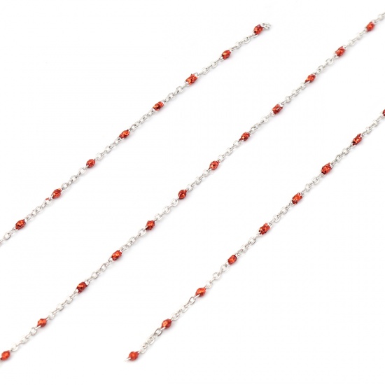 Picture of Stainless Steel Link Cable Chain Silver Tone Red Sequins Enamel 5x2mm, 1 M