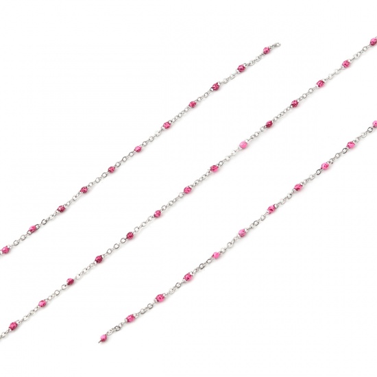 Immagine di Stainless Steel Link Cable Chain Silver Tone Fuchsia Sequins Enamel 4x2mm, 1 M