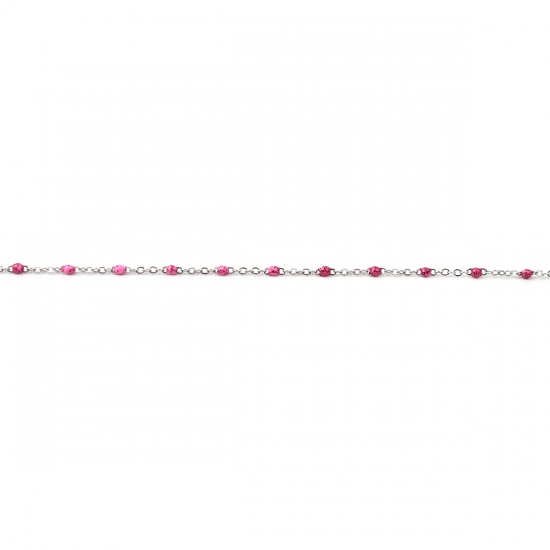 Immagine di Stainless Steel Link Cable Chain Silver Tone Fuchsia Sequins Enamel 4x2mm, 1 M