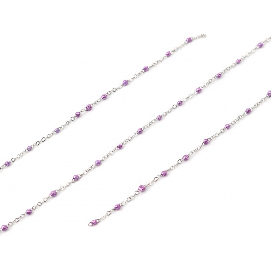 Immagine di Stainless Steel Link Cable Chain Silver Tone Purple Sequins Enamel 4x2mm, 1 M