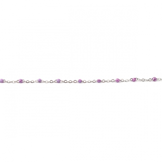 Immagine di Stainless Steel Link Cable Chain Silver Tone Purple Sequins Enamel 4x2mm, 1 M