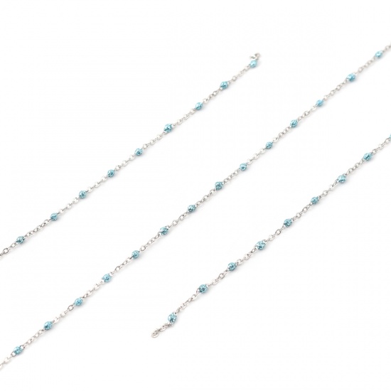 Picture of Stainless Steel Link Cable Chain Silver Tone Light Blue Sequins Enamel 4x2mm, 1 M