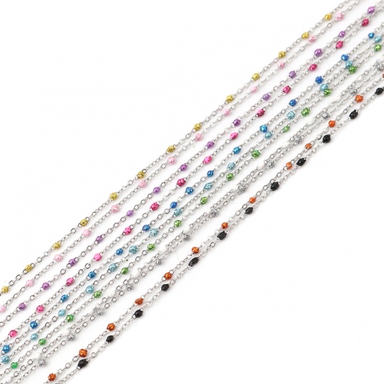 Immagine di Stainless Steel Link Cable Chain Silver Tone Light Blue Sequins Enamel 4x2mm, 1 M