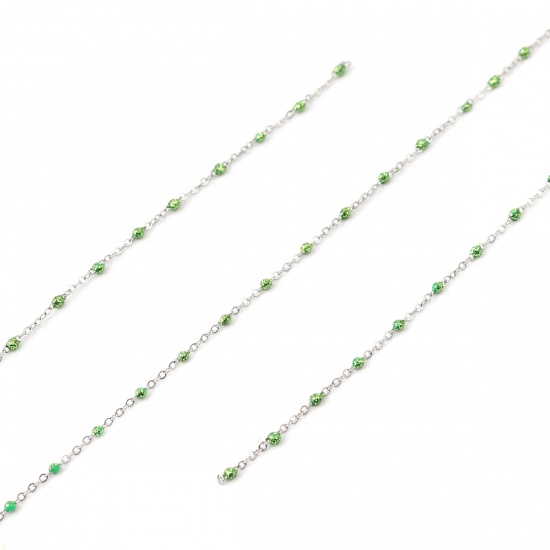 Immagine di Stainless Steel Link Cable Chain Silver Tone Green Sequins Enamel 4x2mm, 1 M