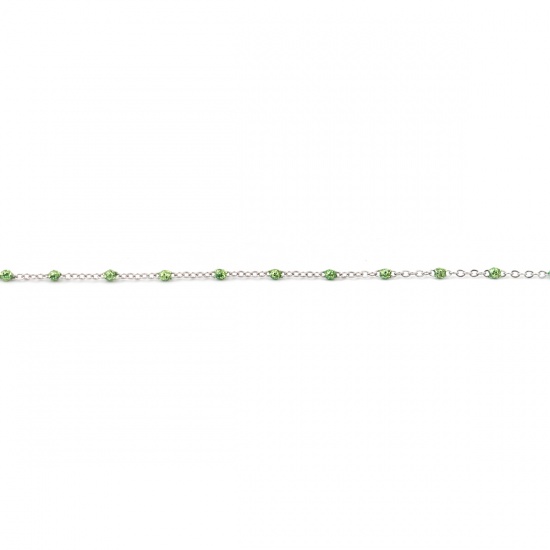 Immagine di Stainless Steel Link Cable Chain Silver Tone Green Sequins Enamel 4x2mm, 1 M