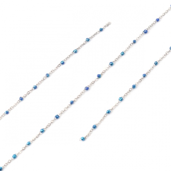 Immagine di Stainless Steel Link Cable Chain Silver Tone Blue Sequins Enamel 4x2mm, 1 M