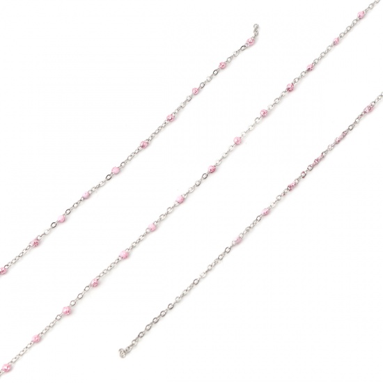 Immagine di Stainless Steel Link Cable Chain Silver Tone Light Pink Sequins Enamel 4x2mm, 1 M