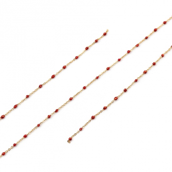 Picture of Stainless Steel Link Cable Chain Silver Tone Red Sequins Enamel 4x2mm, 1 M