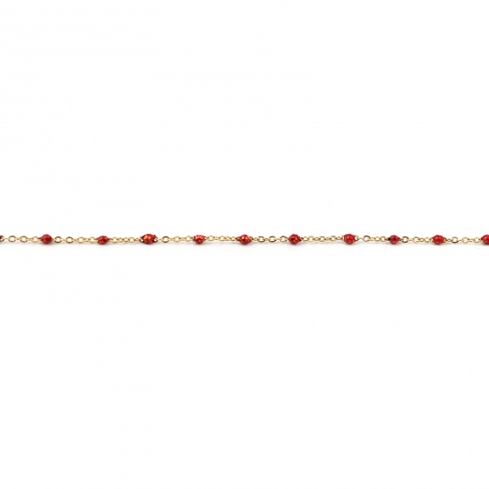 Picture of Stainless Steel Link Cable Chain Silver Tone Red Sequins Enamel 4x2mm, 1 M