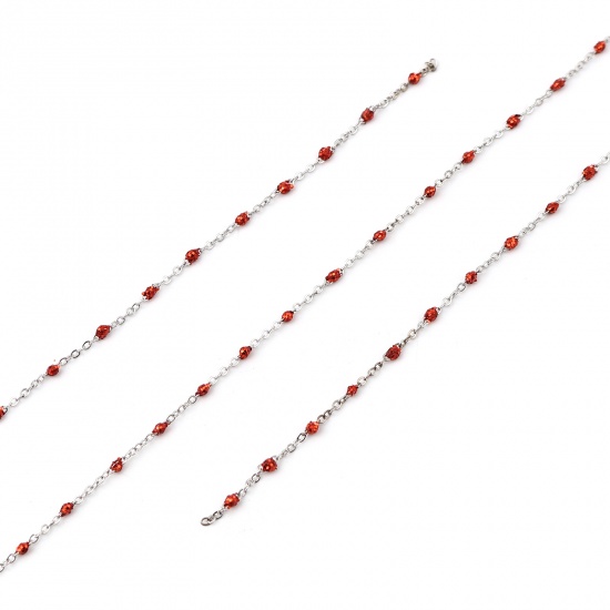 Picture of Stainless Steel Link Cable Chain Silver Tone Red Sequins Enamel 4x2mm, 1 M