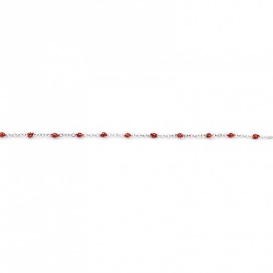 Picture of Stainless Steel Link Cable Chain Silver Tone Red Sequins Enamel 4x2mm, 1 M