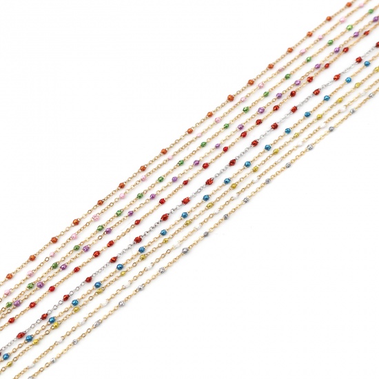 Picture of Stainless Steel Link Cable Chain Silver Tone Red Sequins Enamel 4x2mm, 1 M