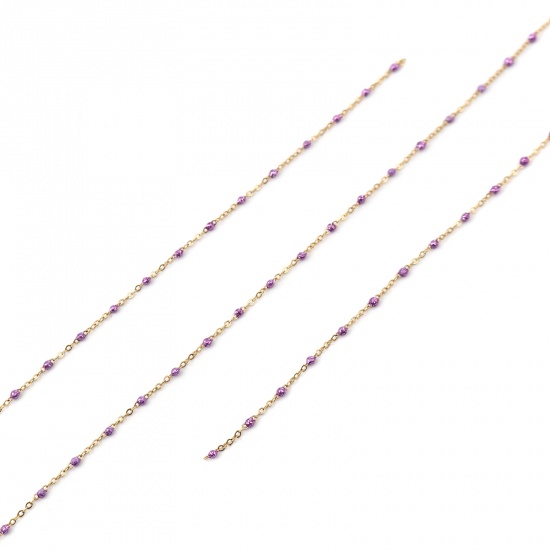 Picture of Stainless Steel Link Cable Chain Silver Tone Purple Sequins Enamel 4x2mm, 1 M