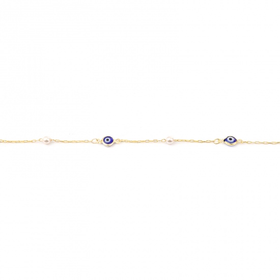 Picture of Brass & Acrylic Religious Imitation Pearl Link Cable Chain Findings Evil Eye Gold Plated White & Dark Blue 12x7mm, 1 M                                                                                                                                        