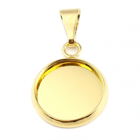 5 PCs Brass Cabochon Settings Charm Pendant Findings Round Disc Gold Plated (Fits 14mm Dia.) 27mm x 16mm