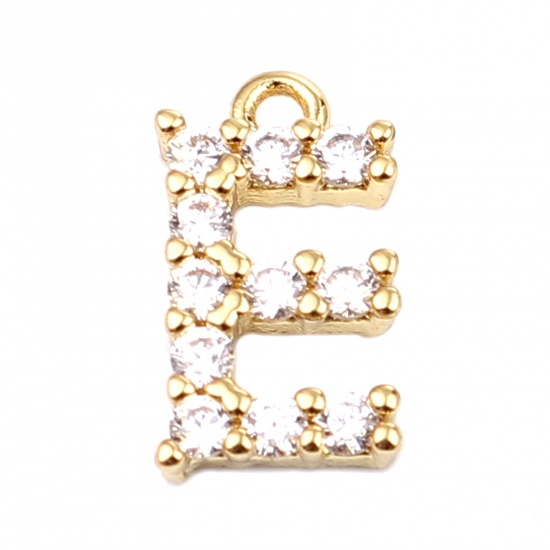 Picture of Brass Charms Gold Plated Capital Alphabet/ Letter Message " E " Clear Rhinestone 13mm x 7mm, 5 PCs                                                                                                                                                            