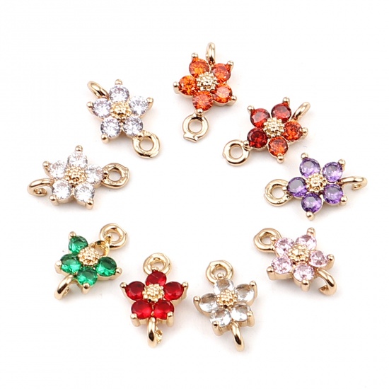 Picture of Brass Charms Gold Plated Flower Orange-red Rhinestone 12mm x 8mm, 5 PCs                                                                                                                                                                                       