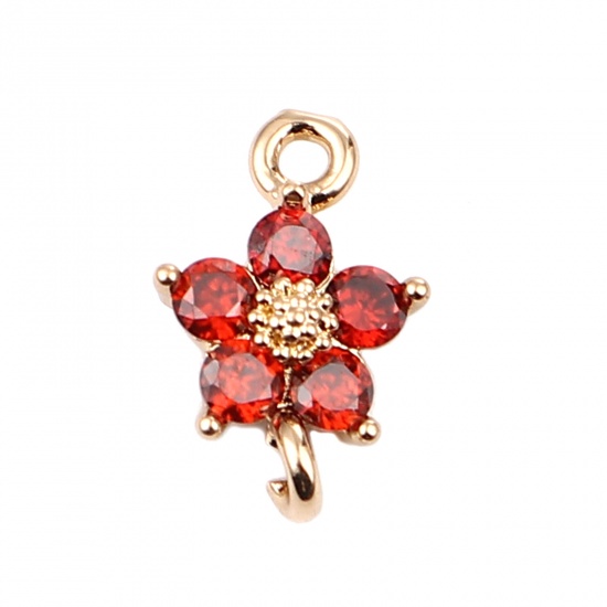 Picture of Copper Charms Gold Plated Flower Red Rhinestone 12mm x 8mm, 5 PCs