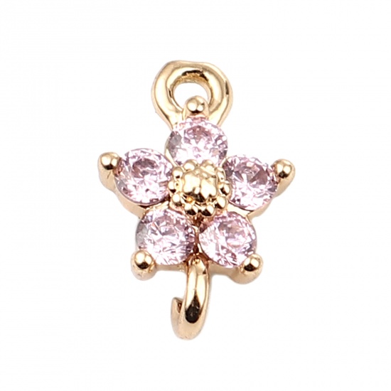 Picture of Brass Charms Gold Plated Flower Pink Rhinestone 12mm x 8mm, 5 PCs                                                                                                                                                                                             