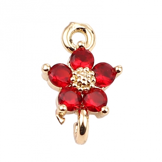 Picture of Brass Charms Gold Plated Flower Wine Red Rhinestone 12mm x 8mm, 5 PCs                                                                                                                                                                                         