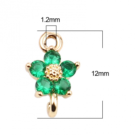 Picture of Brass Charms Gold Plated Flower Green Rhinestone 12mm x 8mm, 5 PCs                                                                                                                                                                                            