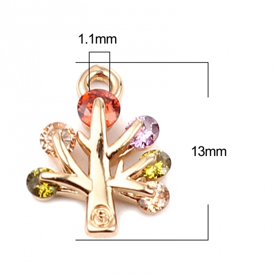 Image de Breloques en Laiton Arbre Doré à Strass Coloré 13mm x 10mm, 5 Pcs