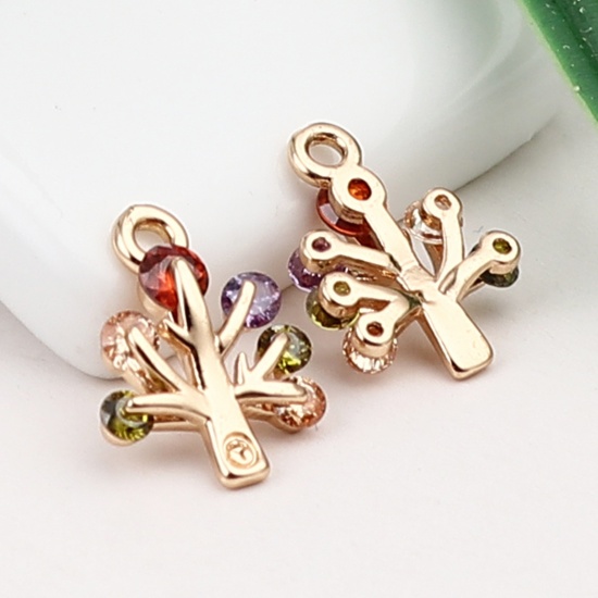 Image de Breloques en Laiton Arbre Doré à Strass Coloré 13mm x 10mm, 5 Pcs