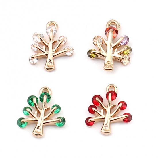 Image de Breloques en Laiton Arbre Doré à Strass Coloré 13mm x 10mm, 5 Pcs