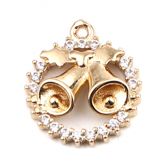 Immagine di Brass Micro Pave Charms Gold Plated Circle Ring Christmas Jingle Bell Clear Rhinestone 16mm x 14mm, 5 PCs