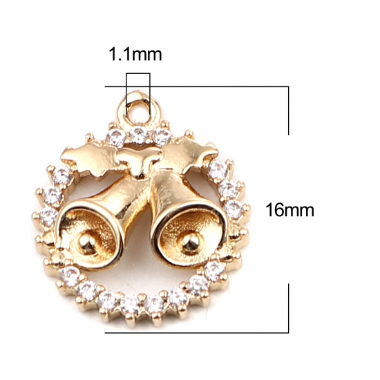 Immagine di Brass Micro Pave Charms Gold Plated Circle Ring Christmas Jingle Bell Clear Rhinestone 16mm x 14mm, 5 PCs