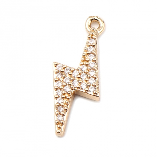 Imagen de Copper Weather Collection Charms Gold Plated Lightning Micro Pave Clear Rhinestone 19mm x 7mm, 5 PCs