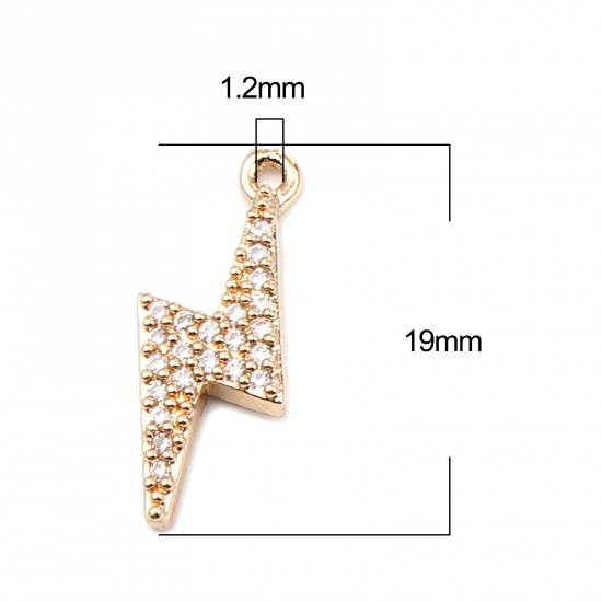 Imagen de Copper Weather Collection Charms Gold Plated Lightning Micro Pave Clear Rhinestone 19mm x 7mm, 5 PCs