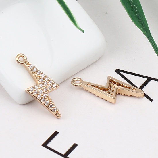 Imagen de Copper Weather Collection Charms Gold Plated Lightning Micro Pave Clear Rhinestone 19mm x 7mm, 5 PCs