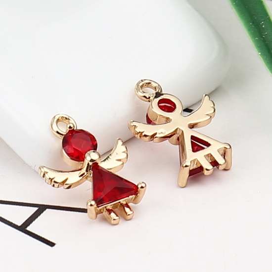 Picture of Brass Religious Charms Gold Plated Angel Dark Red Rhinestone 15mm x 11mm, 5 PCs                                                                                                                                                                               