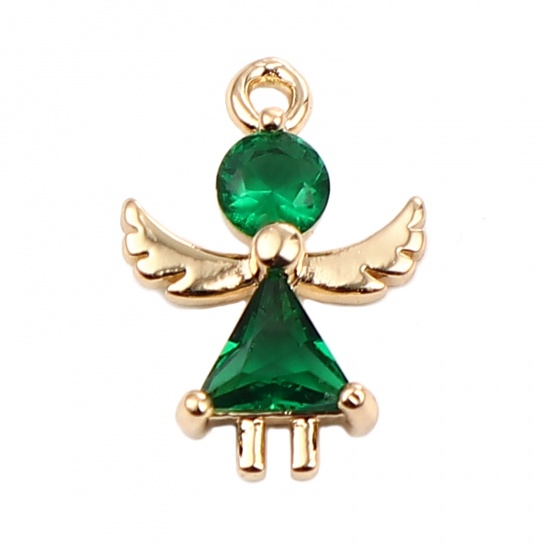 Picture of Brass Religious Charms Gold Plated Angel Green Rhinestone 15mm x 11mm, 5 PCs                                                                                                                                                                                  