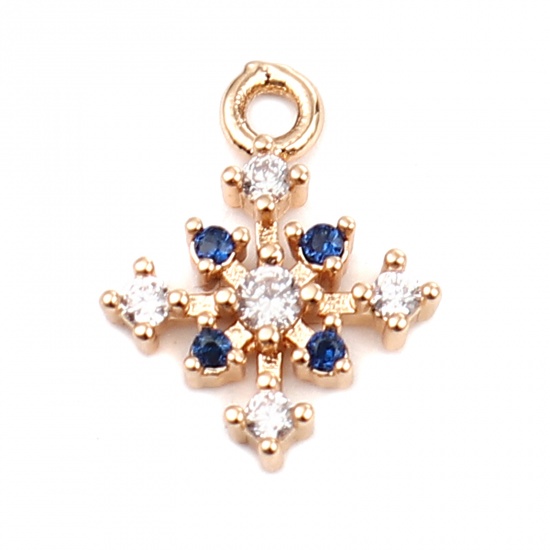 Picture of Brass Charms Gold Plated Christmas Snowflake Dark Blue Rhinestone 13mm x 10mm, 5 PCs                                                                                                                                                                          