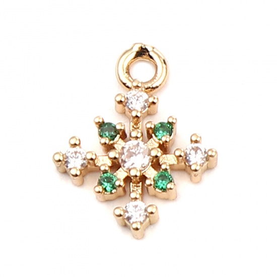 Immagine di Brass Charms Gold Plated Christmas Snowflake Clear & Green Rhinestone 13mm x 10mm, 5 PCs                                                                                                                                                                      