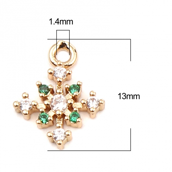 Immagine di Brass Charms Gold Plated Christmas Snowflake Clear & Green Rhinestone 13mm x 10mm, 5 PCs                                                                                                                                                                      