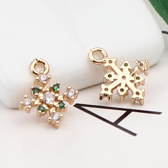 Immagine di Brass Charms Gold Plated Christmas Snowflake Clear & Green Rhinestone 13mm x 10mm, 5 PCs                                                                                                                                                                      