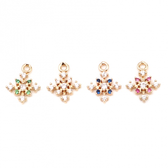 Immagine di Brass Charms Gold Plated Christmas Snowflake Clear & Green Rhinestone 13mm x 10mm, 5 PCs                                                                                                                                                                      