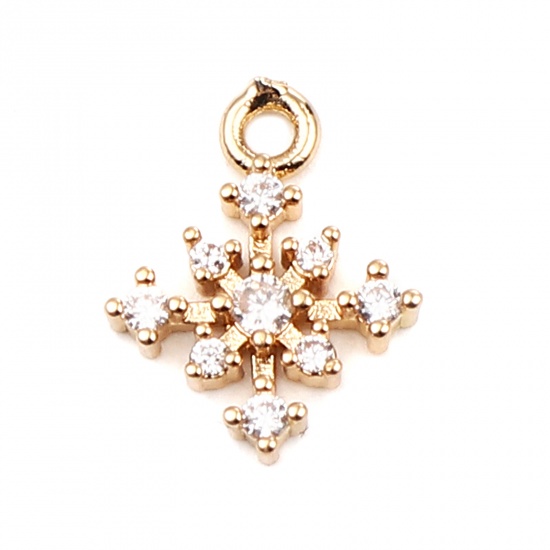 Picture of Brass Charms Gold Plated Christmas Snowflake Clear Rhinestone 13mm x 10mm, 5 PCs                                                                                                                                                                              