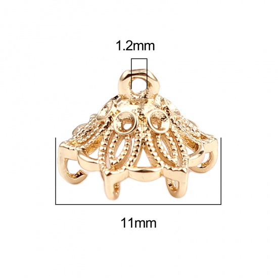 Picture of Brass Beads Caps Flower Gold Plated Filigree (Fit Beads Size: 12mm Dia.) 11mm x 8mm, 10 PCs                                                                                                                                                                   