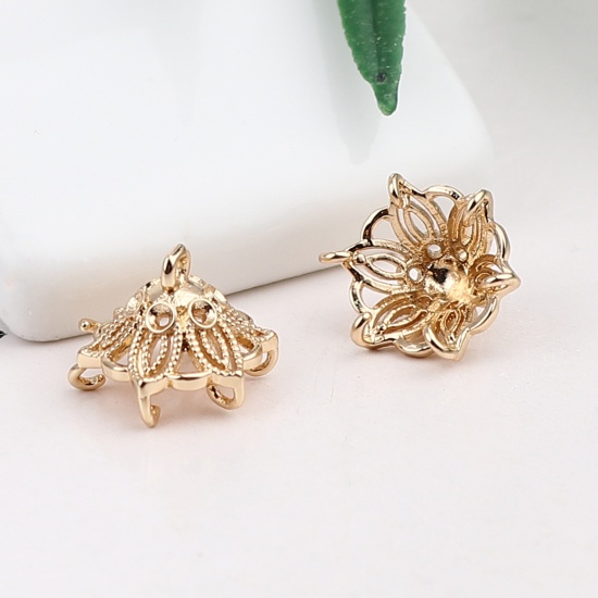 Immagine di Brass Beads Caps Flower Gold Plated Filigree (Fit Beads Size: 12mm Dia.) 11mm x 8mm, 10 PCs                                                                                                                                                                   