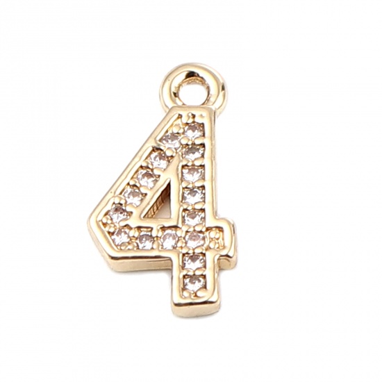 Image de Breloques en Laiton Chiffre Doré Mots Gravés" 4" à Strass Transparent 13mm x 7mm, 3 Pcs