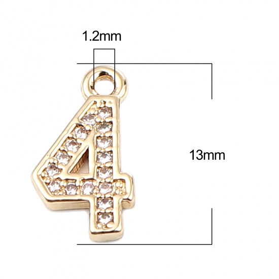 Image de Breloques en Laiton Chiffre Doré Mots Gravés" 4" à Strass Transparent 13mm x 7mm, 3 Pcs
